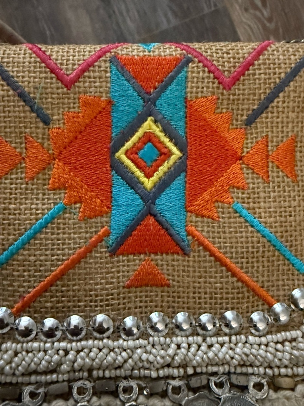 Antik Kraft Beige Jute Embroidered Fringe Crossbody Bag Boho Western Festival - Picture 4 of 7